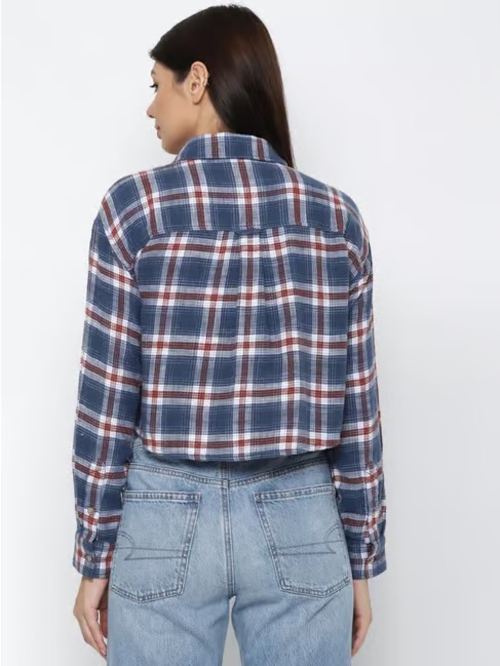 America Eagle cropped Blue Plaid Button-Front Women's Shirt